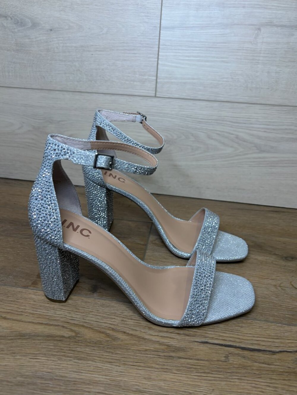 INC International Concepts Lexini2f Silver Bling Rhinestone Block Heels Size 10M